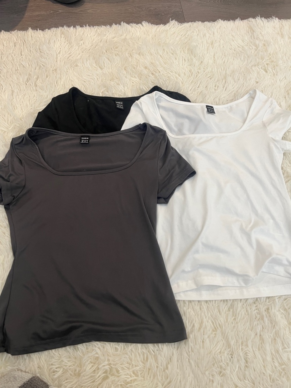 SHEIN Short Sleeve Scoop Neck Tee Trio in Black, Charcoal, White